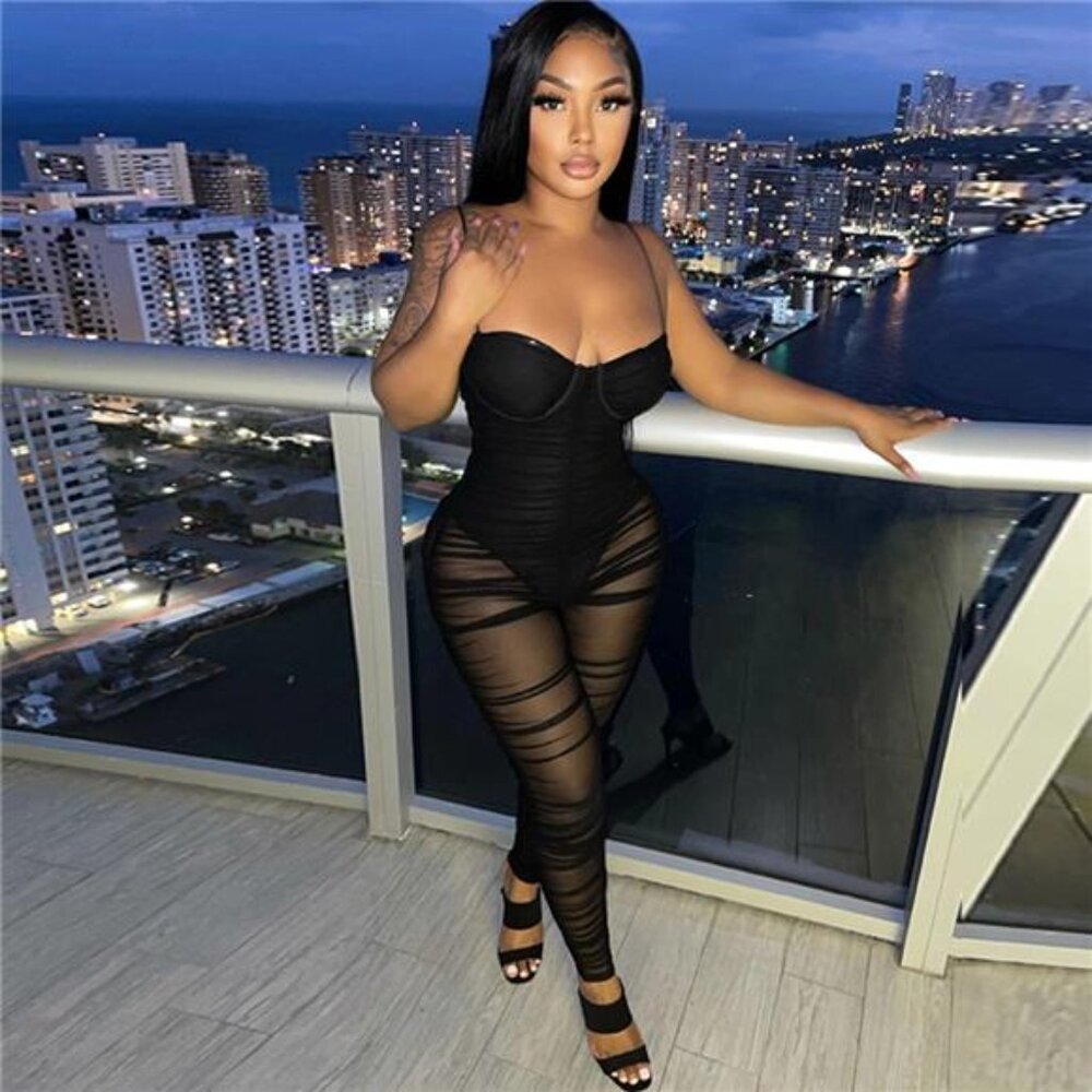 Strap Sexy Club Jumpsuits Overalls for Women Elegant Sheer Mesh Party Jumpsuit